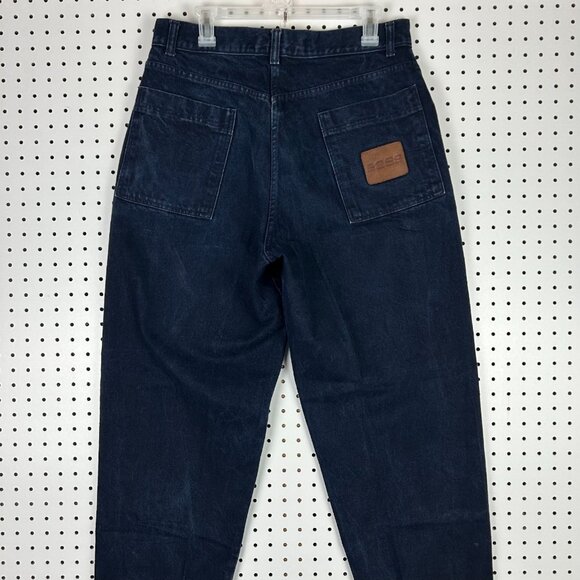 Boss 90s Wide Leg Blue Jeans 34x32 Leather Patch Hip Hop Tupac Baggy Y2K Pants - Picture 2 of 6